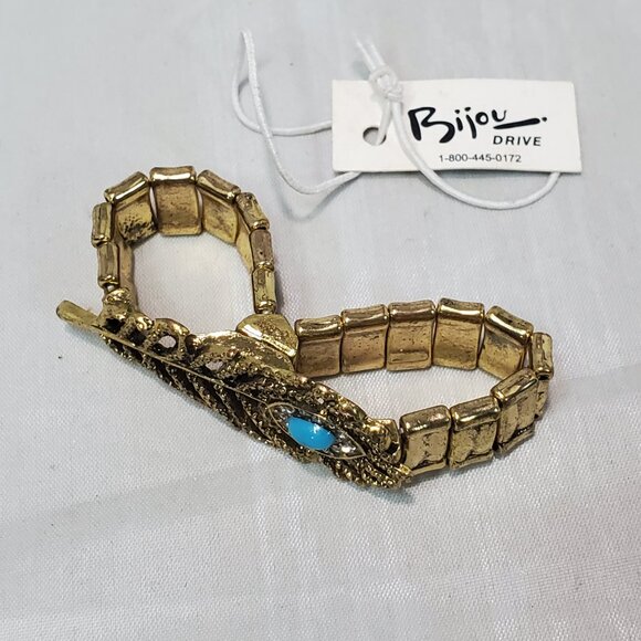 Bijou Vintage Gold Tone Stretch Ring with Feather and Turquoise Accent: - Picture 1 of 6